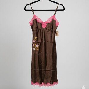 NWT! GOLD HAWK Forget Me Not Washable Brown Silk Embroidery Slip Dress Size S
